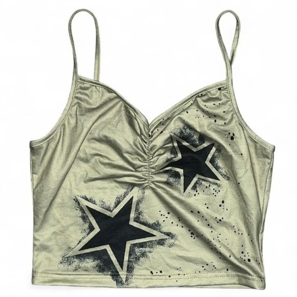 Romwe Green‎ & Black Star Design Crop Top - Women's Size Small